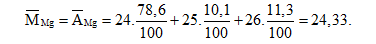 Nguyên tử Mg có ba đồng vị ứng với thành phần phần trăm về số nguyên tử như sau:Nguyên tử khối trung bình của Mg là 