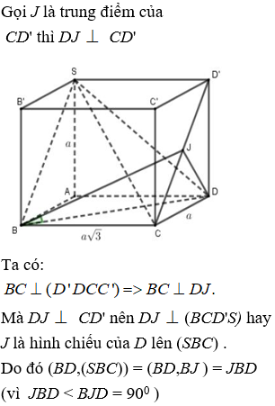 Cho hình chóp S.ABCD có đáy ABCD là hình chữ nhật, AB=a, BC=a3, SA=a và SA vuông góc với đáy ABCD. Tính sin α với αlà góc tạo bởi đường thẳng BD và mặt phẳng (SBC) .