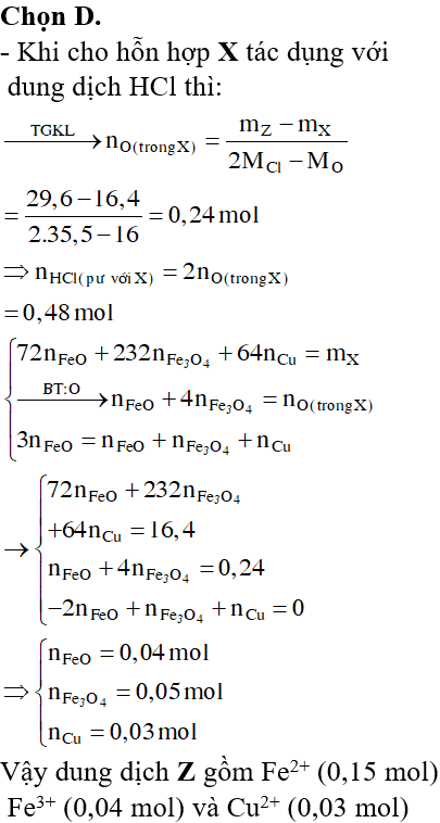 Hòa tan hoàn toàn 16,4 gam hỗn hợp X gồm FeO, Fe<sub>3</sub>O<sub>4</sub> và Cu (trong đó FeO chiếm 1/3 tổng số mol hỗn hợp X) trong dung dịch chứa NaNO<sub>3</sub> và HCl, thu được dung dịch Y chỉ chứa các muối clorua và 0,896 lít NO (sản phẩm khử duy nhất của N<sup>+5</sup>, đktc). Mặt khác, hòa tan hoàn toàn 16,4 gam hỗn hợp X trên trong dung dịch HCl thu được dung dịch Z chỉ chứa 3 muối có tổng khối lượng 29,6 gam. Trộn dung dịch Y với dung dịch Z thu được dung dịch T. Cho dung dịch AgNO<sub>3</sub> tới dư vào T thu được m gam kết tủa. Biết các phản ứng đều xảy ra hoàn toàn. Giá trị của m gần nhất với giá trị nào sau đây?