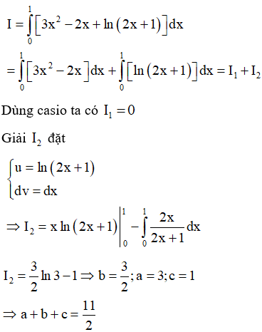 Cho tích phân ∫013x2−2x+ln2x+1dx=blna−c với a, b, c là các số hữu tỉ, thì a +b + c bằng