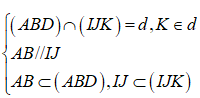 Cho tứ điện ABCD , gọi I, J, K lần lượt là trung điểm của AC, BC, BD Giao tuyến của hai mặt phẳng (ABD) và (IJK) là