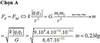 Hai quả cầu có cùng kích thước và cùng khối lượng, tích các điện lượng q1 = 4.10-11 C, q2 = 10-11 C đặt trong không khí, cách nhau một khoảng lớn hơn bán kính của chúng rất nhiều. Nếu lực hấp dẫn giữa chúng có độ lớn bằng lực đẩy tĩnh điện thì khối lượng của mỗi quả cầu bằng