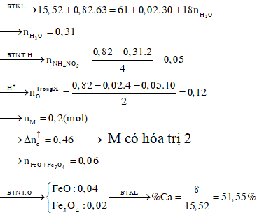 Hỗn hợp X gồm FeO, Fe<sub>3</sub>O<sub>4</sub> và kim loại M (có hóa trị không đổi), trong X số mol oxi bằng 0,6 lần số mol M. Hòa tan 15,52 gam X trong dung dịch HNO<sub>3</sub> loãng dư thấy có 0,82 mol HNO<sub>3</sub> phản ứng, sau phản ứng thu được 61 gam hỗn hợp muối và 0,448 lít NO (đktc). Phần trăm khối lượng của M trong X gần nhất với: