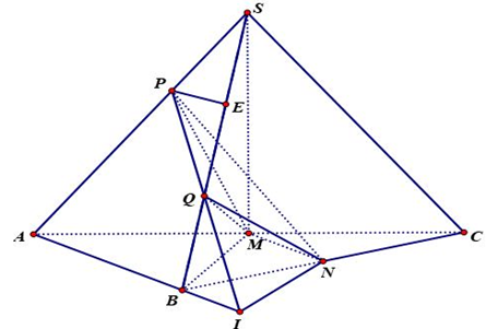 Cho hình chóp S.ABC có SA=SB=SC=3, tam giác ABC vuông cân tại B và AC=22. Gọi M,N lần lượt là trung điểm của AC và BC. Trên hai cạnh SA,SB lấy các điểm P,Q tương ứng sao cho SP=1, SQ=2. Tính thể tích V của tứ diện MNPQ