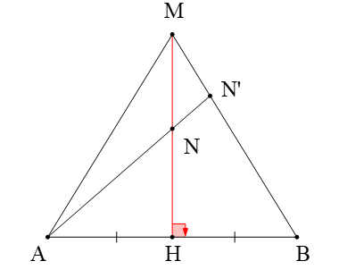 Đường trung trực của đoạn AB cắt AB tại H. Hai điểm M, N là hai điểm trên đường trung trực đó (N nằm giữa M và H). Gọi N’ là giao điểm của AN và BM. Khẳng định sai là
