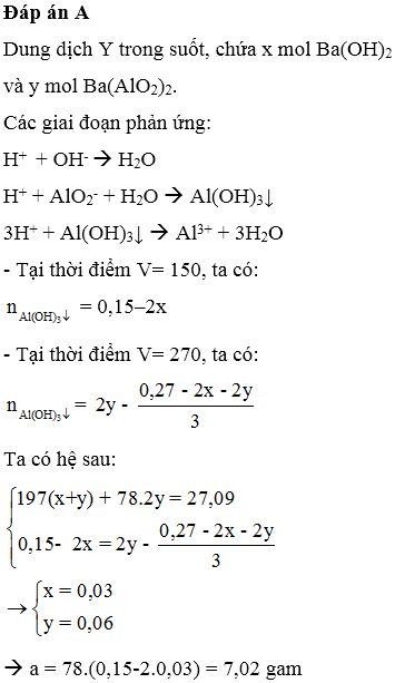 Nhiệt phân hoàn toàn 27,09 gam hỗn hợp BaCO<sub>3</sub> và Al(OH)<sub>3</sub> đến khối lượng không đổi, thu được hỗn hợp X,. Hòa tan hoàn toàn X vào lượng nước dư, thu được dung dịch Y trong suốt. Cho từ từ dung dịch HCl 1M vào dung dịch Y, phản ứng được biểu diễn theo đồ thị sau: Giá trị của a là