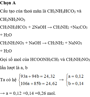 Cho 24,32 gam hỗn hợp E chứa hai chất hữu cơ C2H7O3N và CH6N2O3 vào dung dịch NaOH vừa đủ, đun nóng. Sau khi kết thúc phản ứng thấy thoát ra a mol khí X duy nhất có khả năng làm đổi màu quỳ tím ẩm và dung dịch Y chứa các hợp chất vô cơ. Cô cạn dung dịch Y thu được 24,62 gam chất rắn khan. Giá trị của a là