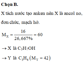 Trong ancol X, oxi chiếm 26,667% về khối lượng. Đun nóng X với H<sub>2</sub>SO<sub>4</sub> đặc thu được anken Y. Phân tử khối của Y là