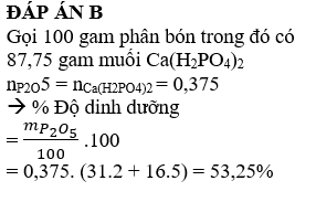 Một loại supephotphat kép có chứa 87,75% muối canxi đihiđrophotphat còn lại là các chất không chứa photpho. Độ dinh dưỡng của loại phân bón này là