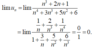 Giới hạn của dãy số un với un=n3+2n+1n4+3n3+5n2+6 bằng