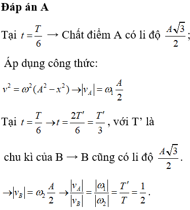 Hai chất điểm A và B dao động điều hòa trên cùng một trục Ox với cùng biên độ. Tại thời điểm t = 0, hai chất điểm đều đi qua vị trí cân bằng theo chiều dương. Chu kỳ dao động của chất điểm A là T và gấp đôi chu kỳ dao động của chất điểm B. Tỉ số độ lớn vận tốc của chất điểm A và chất điểm B ở thời điểm T/6 là