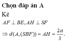 Cho hình chóp S.ABCD có đáy ABCD là hình vuông cạnh a, sạnh bên SA vuông góc với mặt đáy. Gọi E là trung điểm của cạnh CD. Biết thể tích khối chóp S.ABCD bằng a33. Khoảng cách từ điểm A đến mặt phẳng (SBE) bằng