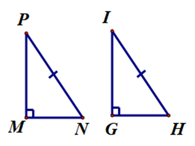 Cho ∆MNP và ∆GHI có \[\widehat M = \widehat G = 90^\circ \] và NP = HI. Cần thêm điều kiện gì để ∆MNP = ∆GHI theo trường hợp cạnh huyền – góc nhọn?