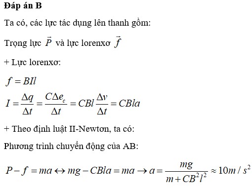 Hai thanh kim loại song song thẳng đứng một đầu nối với tụ điện có điện dung C=2μF . Một đoạn dây dẫn AB có độ dài l = 20cm, khối lượng m = 20g tì vào hai thanh kim loại, tự do trượt không masát xuống dưới và luôn vuông góc với hai thanh kim loại trên. Hệ thống đặt trong từ trường đều vuông góc có B = 1T, bỏ qua mọi điện trở. Gia tốc của thanh AB là