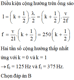 Một ống sáo dài 0,6 m được bịt kín một đầu một đầu để hở. Cho rằng vận tốc truyền âm trong không khí là 300 m/s. Hai tần số cộng hưởng thấp nhất khi thổi vào ống sáo là