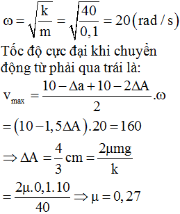 Cho một con lắc đặt trên mặt phẳng ngang gồm vật nhỏ khối lượng 100g và lò xo có độ cứng 40 N/m. Ban đầu, lò xo đứng yên ở vị trí không biến dạng, mặt phẳng ngang phía bên trái của vật nhẵn bóng còn phía bên phải bị nhăn. Đẩy vật nhỏ theo phương dọc trục lò xo để lò xo bị nén 10 cm rồi buông nhẹ. Tốc độ lớn nhất vật nhỏ đạt được trong quá trình chuyển động từ phải qua trái là 1,6 m/s. Lấy g=10m/s2. Hệ số ma sát giữa vật và mặt nhám gần giá trị nào nhất sau đây: