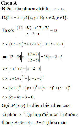 Trong các số phức z thỏa mãn 12-5iz+17+17iz-2-i=13. Tìm giá trị nhỏ nhất của z.