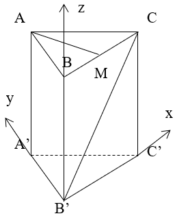 Cho lăng trụ đứng ABC.A’B’C’ có đáy là tam giác vuông BA = BC = a, cạnh bên AA' = a2. M là trung điểm của BC. Khoảng cách giữa AM và B'C là: