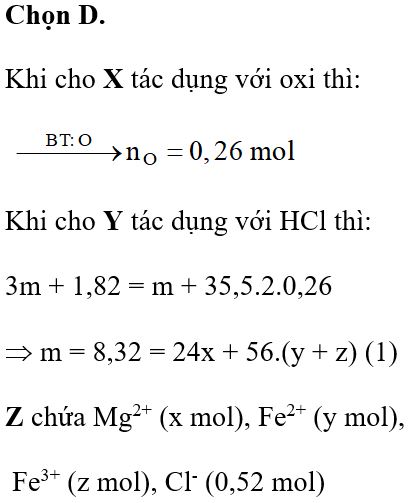 Đốt cháy m gam hỗn hợp X gồm Mg và Fe trong oxi một thời gian thu được (m + 4,16) gam hỗn hợp Y chứa các oxit. Hòa tan hoàn toàn Y trong dung dịch HCl vừa đủ thu được dung dịch Z chứa (3m + 1,82) gam muối. Cho AgNO<sub>3</sub> dư vào dung dịch Z thu được (9m + 4,06) gam kết tủa. Mặt khác, hòa tan hết 3m gam Y bằng lượng vừa đủ dung dịch chứa hỗn hợp gồm NaNO<sub>3</sub> và NaHSO<sub>4</sub>, thu được dung dịch T chỉ chứa x gam muối sunfat của kim loại và 0,025 mol khí NO (sản phẩm khử duy nhất). Giá trị của x gần nhất với giá trị nào sau đây?