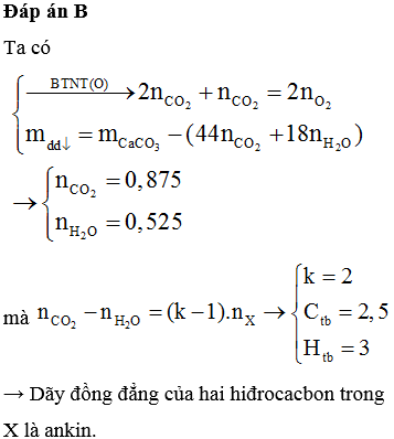 Đốt cháy hoàn toàn 0,35 mol hỗn hợp X gồm hai hiđrocacbon (mạch hở, thuộc cùng dãy đồng đẳng) cần vừa đủ 25,48 lít O<sub>2</sub> (đktc), thu được hỗn hợp khí và hơi T. Dẫn T qua bình đựng nước vôi trong dư, sau phản ứng, khối lượng dung dịch giảm 39,55 gam. Dãy đồng đẳng của hai hiđrocacbon trong X là