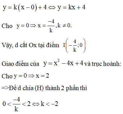 Gọi (H) là hình phẳng giới hạn bởi đồ thị hàm số y = x2-4x+4 trục tung, trục hoành. Giá trị của k để đường thẳng d đi qua A(0;4) có hệ số góc k chia (H) thành 2 phần có diện tích bằng nhau là