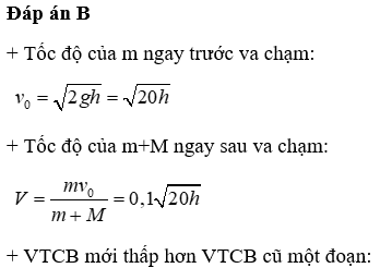 Một vật nhỏ khối lượng M = 0,9 (kg), gắn trên một lò xo nhẹ thẳng đứng có độ cứng 200 (N/m), đầu dưới của lò xo gắn cố định. Một vật nhỏ có khối lượng m= 0,1 (kg) rơi tự do từ độ cao h xuống va chạm mềm với M. Sau va chạm hai vật dính vào nhau và cùng dao động điều hoà theo phương thẳng đứng trùng với trục của lò xo. Lấy gia tốc trọng trường g=10 m/s2. Để m không tách rời M trong suốt quá trình dao động, h không vượt quá