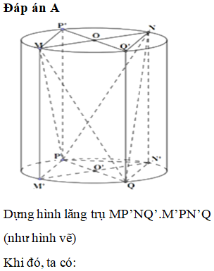 Một người thợ có một khối đá hình trụ. Kẻ hai đường kính MN, PQ của hai đáy sao cho MN⊥PQ. Người thợ đó cắt khối đá theo các mặt cắt đi qua 3 trong 4 điểm M, N, P, Q để thu được khối đá có hình tứ diện MNPQ. Biết rằng MN=60 cm và thể tích khối tứ diện MNPQ bằng 36dm3. Tìm thể tích của lượng đá bị cắt bỏ (làm tròn kết quả đến 1 chữ số thập phân)