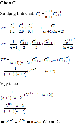 Tìm số tự nhiên n thỏa mãn: Cn01.2+Cn12.3+Cn23.4+...+Cnnn+1n+2=2100-n-3n+1n+2