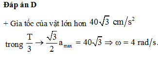 Một chất điểm dao động điều hoà trên trục Ox xung quanh vị trí cân bằng (x = 0) theo phương trình: x=5cos(ωt+φ)cm. Biết rằng trong một chu kỳ dao động thì độ lớn gia tốc của chất điểm không nhỏ hơn 403cm/s<sup>2</sup> trong khoảng thời gian là T/3. Tần số góc là