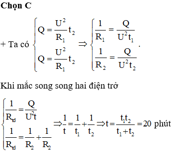 Một ấm điện có hai dây dẫn có điện trở R1 và R2 để đun nước. Nếu dùng dây R1 thì nước trong ấm sẽ sôi sau thời gian là 30 phút. Còn nếu dùng dây R2 thì nước sẽ sôi sau 60 phút. Coi điện trở của dây thay đổi không đáng kể theo nhiệt độ. Bỏ qua sự tỏa nhiệt ra môi trường, nếu dùng cả hai dây đó mắc song song thì ấm nước sẽ sôi sau khoảng thời gian là