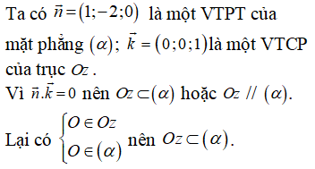 Trong không gian Oxyz, cho mặt phẳng (α): x-2y=0. Mệnh đề nào sau đây đúng?