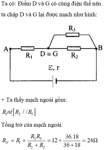 Cho mạch điện như hình vẽ:Biết E=30V, r=1Ω, R1=12Ω, R2=36Ω, R3=18Ω, RA=0. Xác định hiệu suất của nguồn điện.