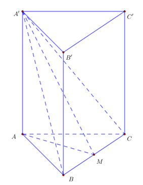 Cho hình lăng trụ tam giác đều ABCA'B'C' có góc giữa hai mặt phẳng (A'BC) và ( ABC) bằng 60°, cạnh AB=a. Tính thể tích V của khối lăng trụ ABC.A'B'C'